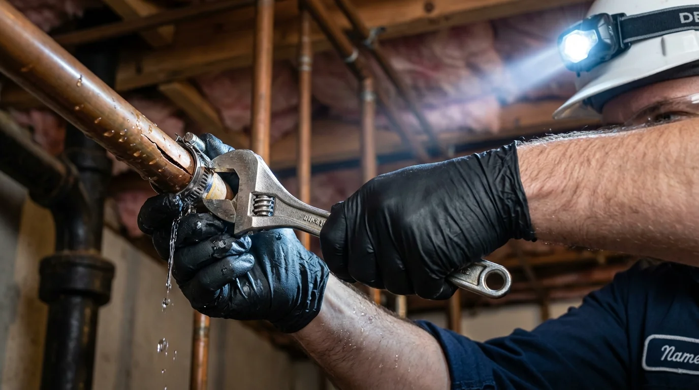 Emergency pipe clamp repair being performed by a Johns Plumbing LLC plumber in Plankinton