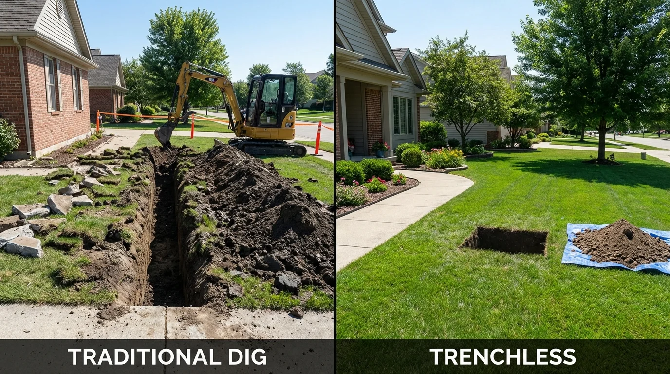 Trenchless sewer repair with minimal yard damage versus traditional excavation in Plankinton, SD