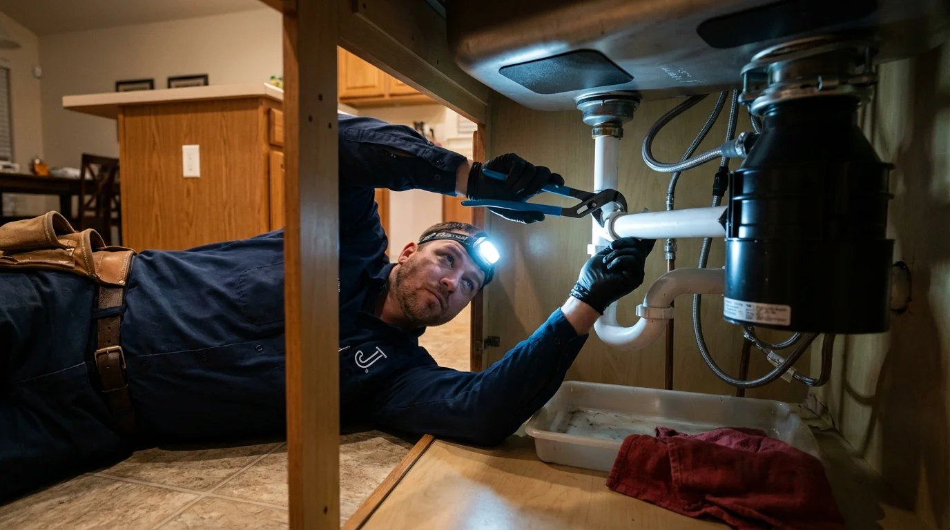 P-trap and supply line connections under a kitchen sink showing a common leak point in Plankinton, SD